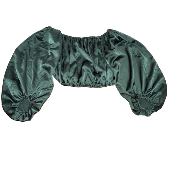 HYFVE Hunter Green Cropped‎ Top XL Silky Balloon Sleeves Gathered Neck & Waist - Picture 6 of 8